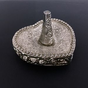 Vintage Floral Heart Shaped Silver Ring Holder Botanical Embossed Jewelry Dish